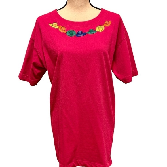 Vintage 1990s Tee Pink Embroidered Hats Evan Picone Short Sleeve size Large - Picture 1 of 15